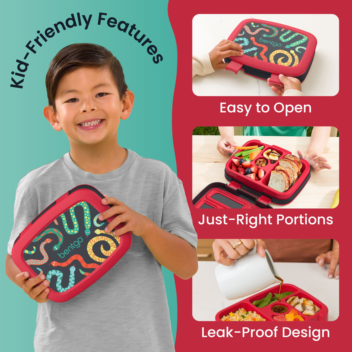 Bentgo Kids Prints Lunch Box - Sssnakes | Kid-Friendly Features - Easy To Open, Just-Right Portions, Leak-Proof Design