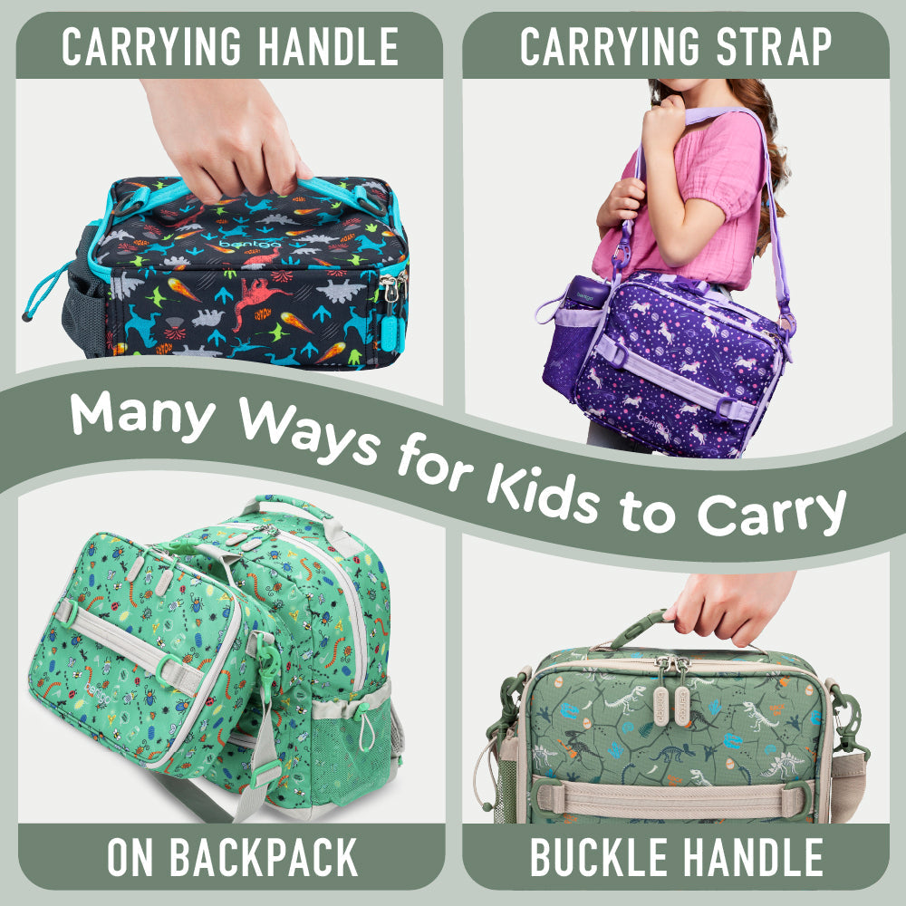 Bentgo® Kids Prints Lunch Bag - Dino Fossils | Many Ways For Kids To Carry - Carrying Handle, Carrying Strap, On Backpack, And Buckle Handle