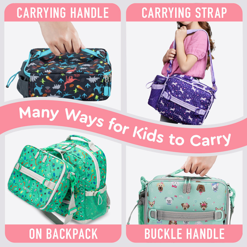 Bentgo® Kids Prints Lunch Bag - Puppy Love | Many Ways For Kids To Carry - Carrying Handle, Carrying Strap, On Backpack, And Buckle Handle